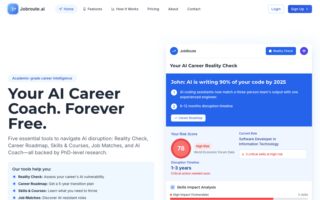 JobRoute.ai - Navigate Your AI-Resistant Career Path Effortlessly career AI job-security