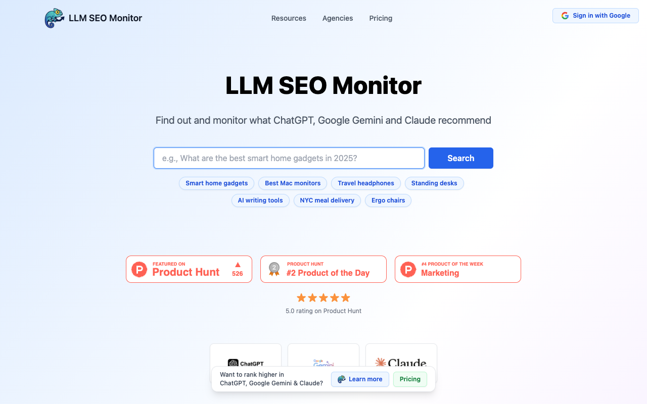 LLM SEO Monitor - A tool to track recommendations from ChatGPT, Google Gemini, and Claude SEO AI recommendations