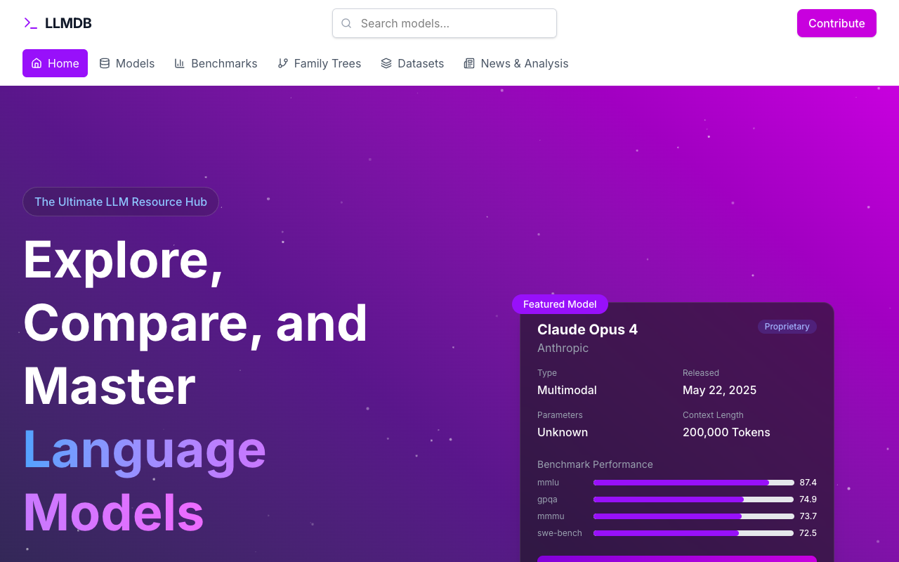 LLMDB.com - A Comprehensive Database to Explore and Compare Language Models language-models AI benchmarks