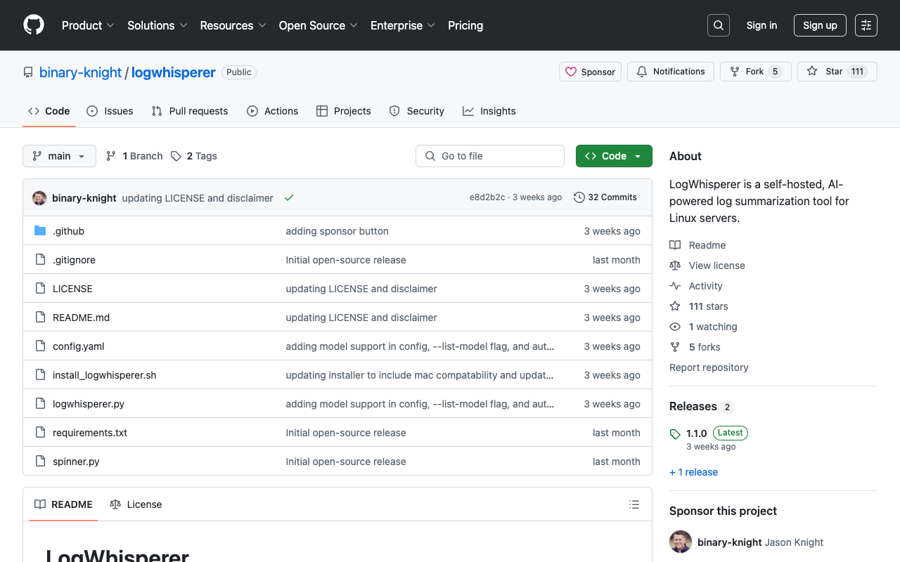 LogWhisperer - A tool that helps you understand your logs easily AI Linux Security