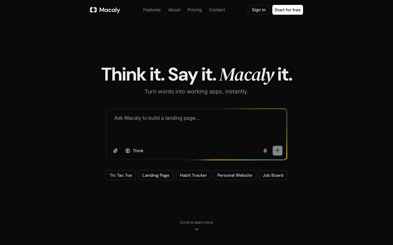 Macaly - A vibe coding assistant that turns your words into working apps and websites app-development no-code rapid-prototyping