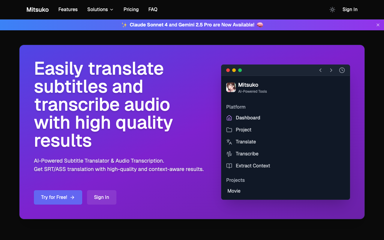 Mitsuko - An AI-powered subtitle translator and audio transcription tool subtitle-translation audio-transcription AI