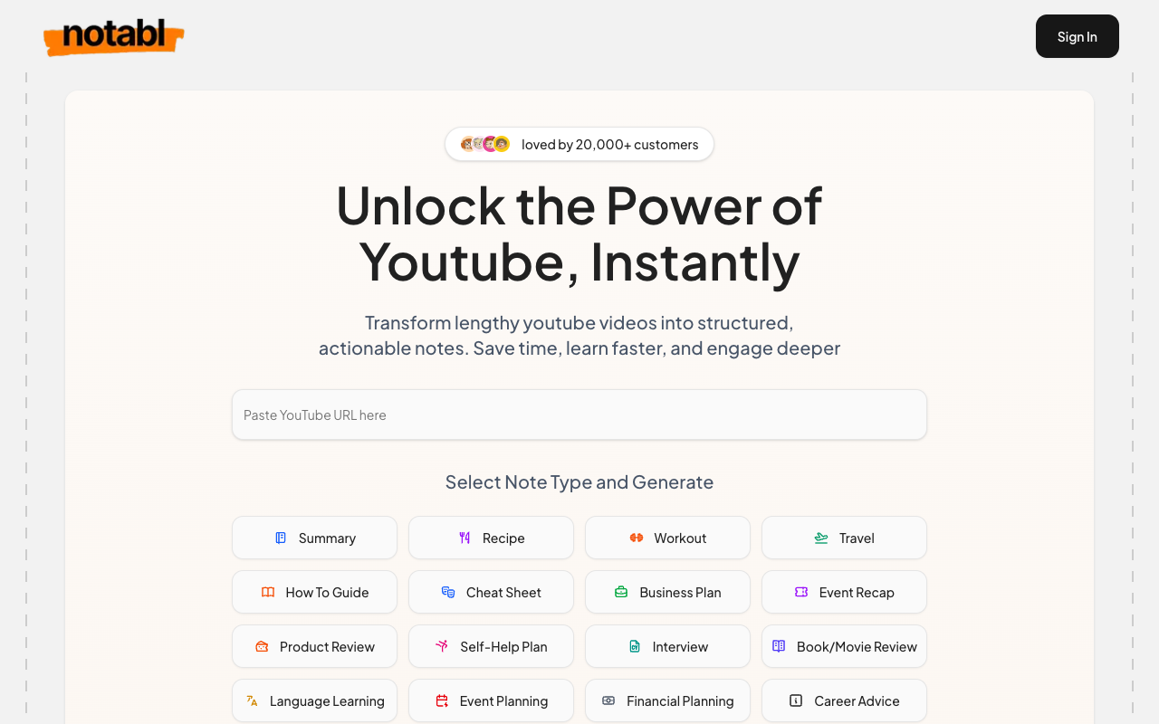 notabl - Generate Custom and Detailed Summaries of YouTube Videos YouTube summaries learning