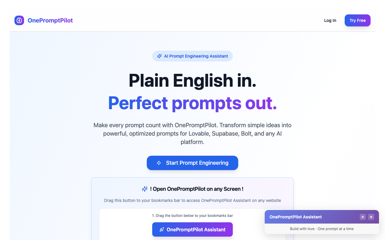 OnePromptPilot - An AI prompt optimizer for better website building with Lovable and Bolt AI prompt-optimization no-code