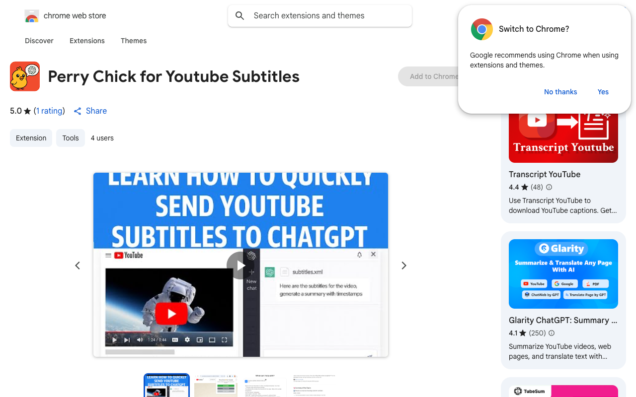 Perry Chick - Get YouTube subtitles sent to ChatGPT easily YouTube ChromeExtension Productivity