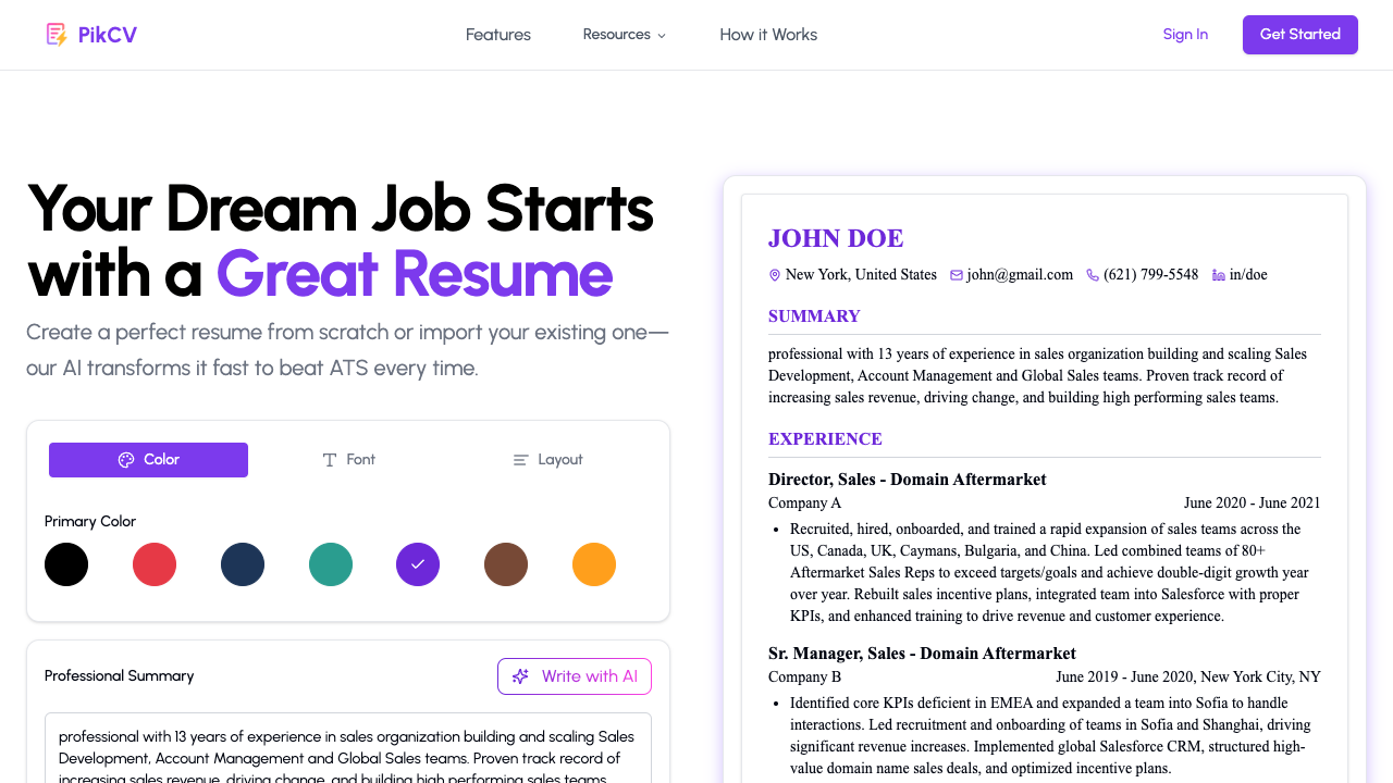 PikCV - An AI tool to help you create the perfect resume AI Resume JobSearch