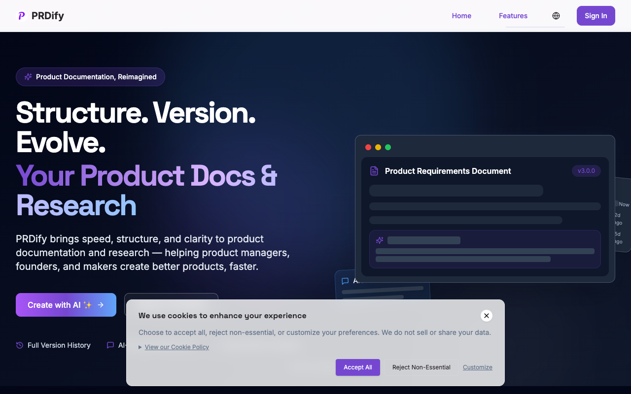 PRDify - An AI tool for creating and managing Product Requirement Documents AI PRD product-management