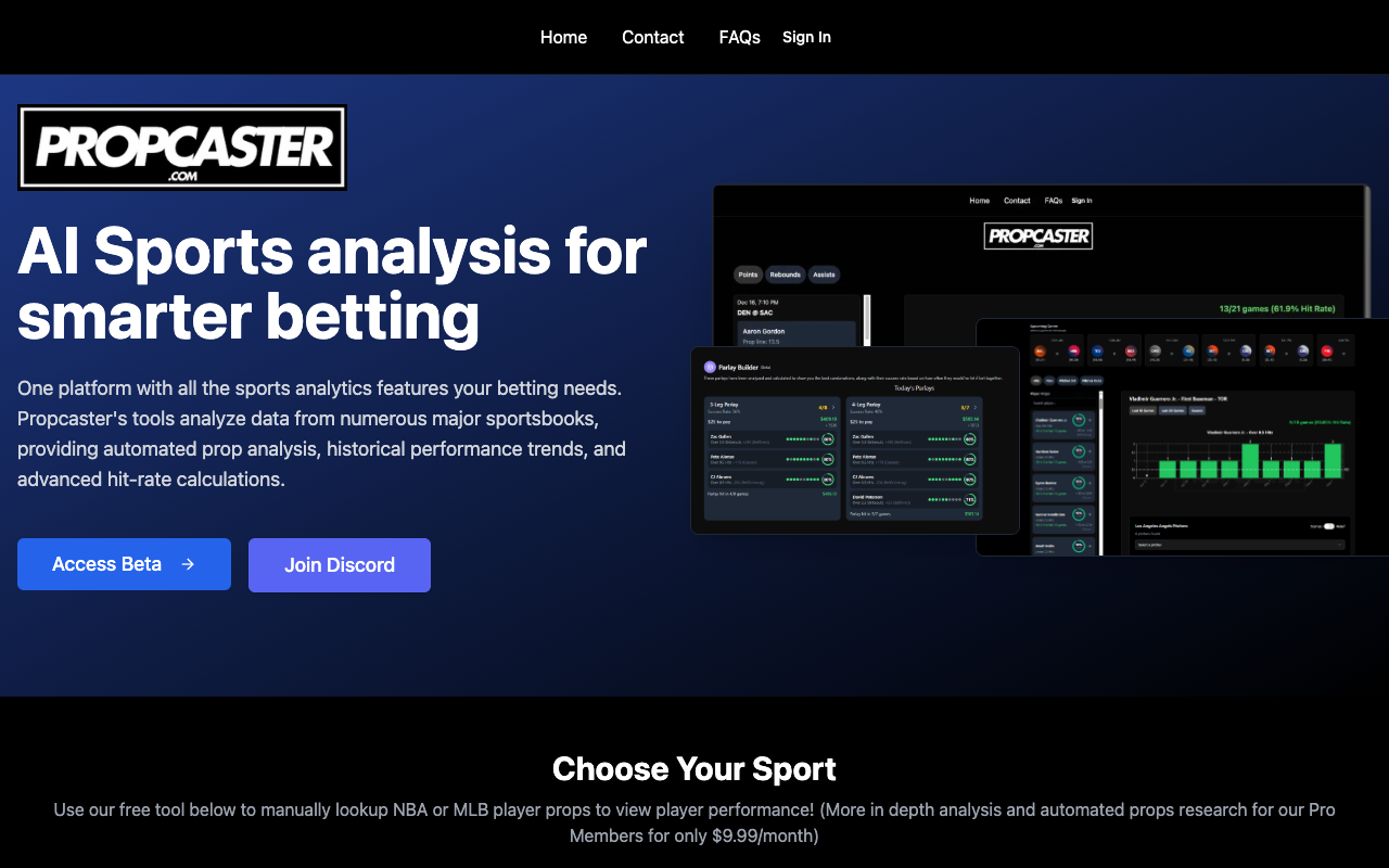 Propcaster - Empowering Sports Betting with Advanced Stats & AI Insights Sports Betting