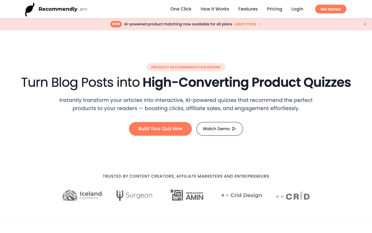 Recommendly Pro - Transform your content into high-converting product quizzes product-quizzes AI content-creation