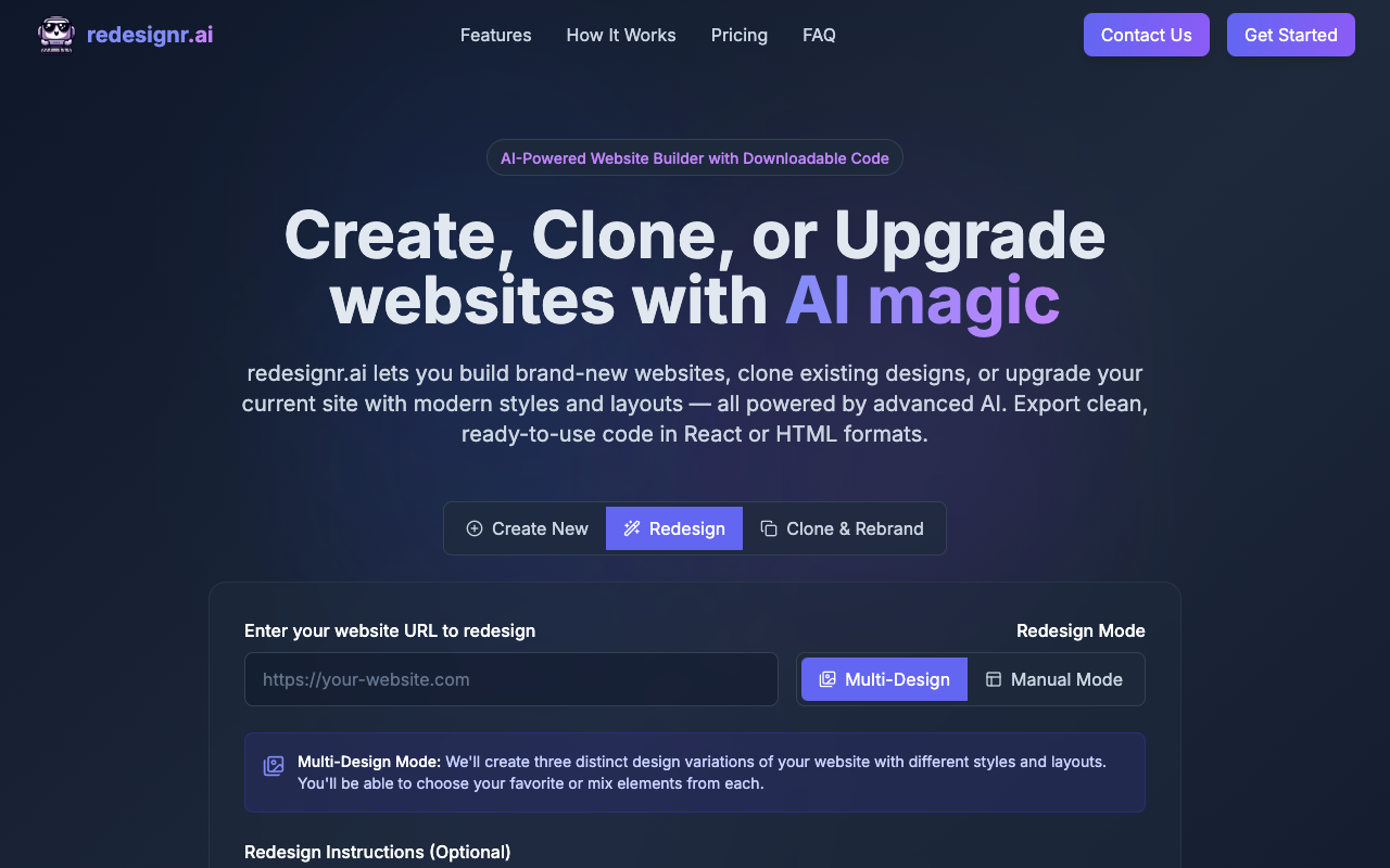 Redesignr.ai - An AI tool that instantly clones and redesigns websites without coding AI website-redesign no-code