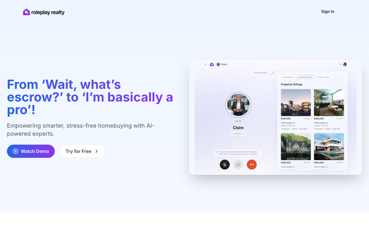 Roleplay Realty - AI-powered mentors to make homebuying easy AI Real Estate