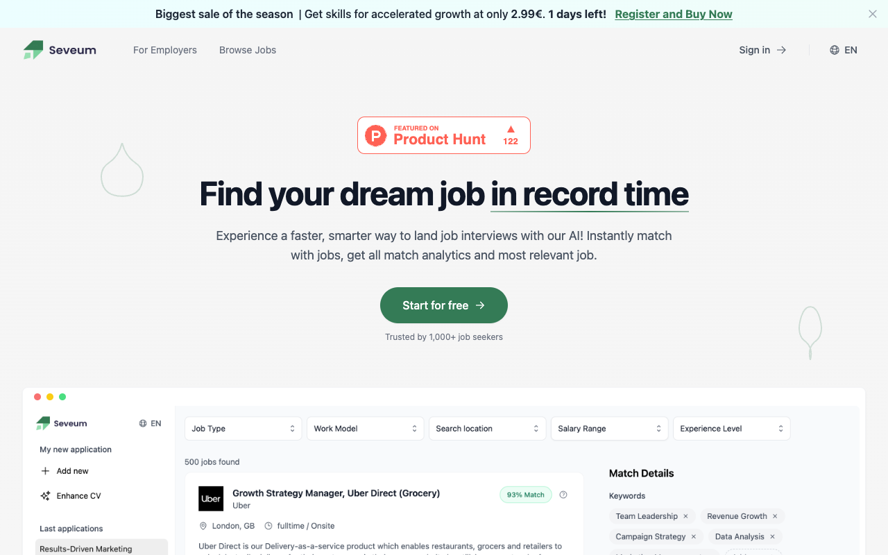 Seveum - Your AI job helper to find the best job fast AI Job Search Career Growth