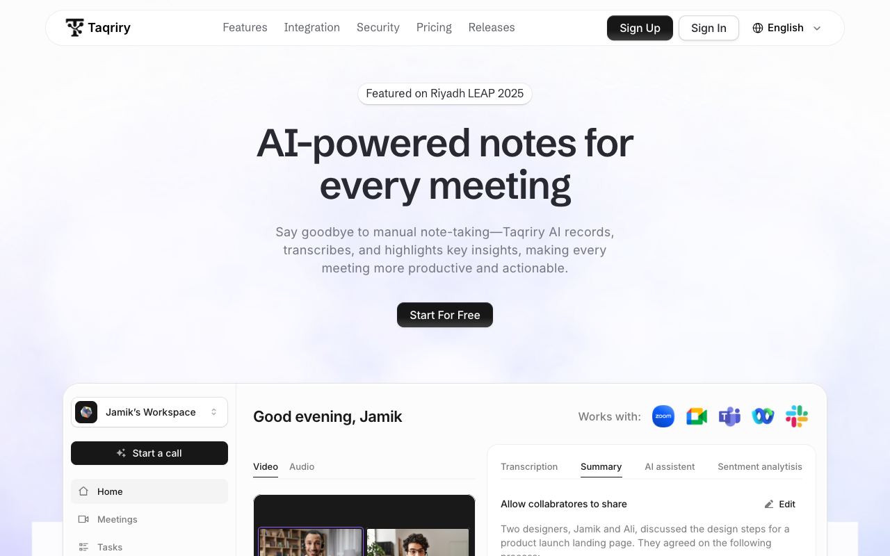 Taqriry.ai - An AI meeting assistant that transcribes and automates notes for Arabic and English AI meeting-assistant productivity