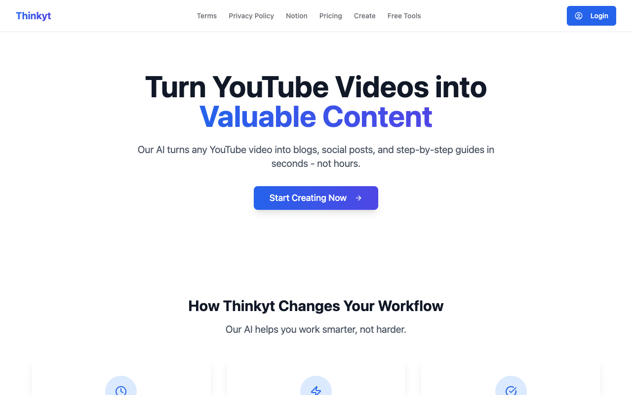 ThinkYT - Quickly turn YouTube videos into different posts AI Social Media Content Creation