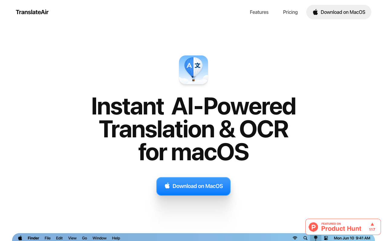 TranslateAir - Instant AI-Powered Translation for macOS AI Translation macOS
