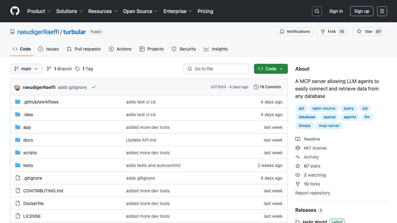 Turbular - An open-source MCP server connecting LLMs to any database MCP database LLM
