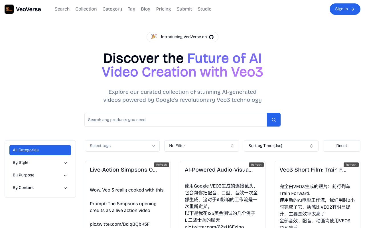 VeoVerse - A directory showcasing stunning AI-generated videos using Google’s Veo3 technology AI video-creation Veo3