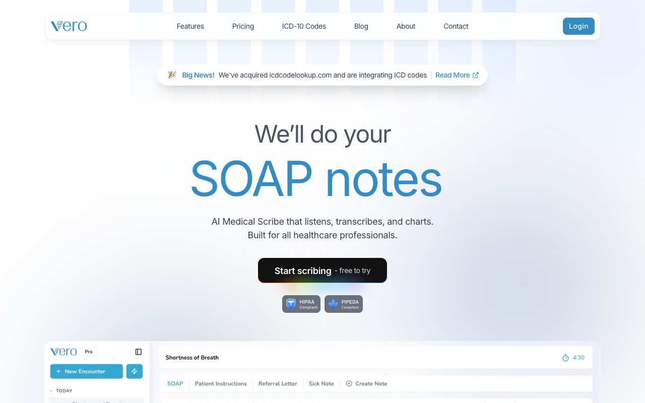 Vero Scribe - An AI medical scribe that creates accurate notes in seconds medical-scribe AI healthcare