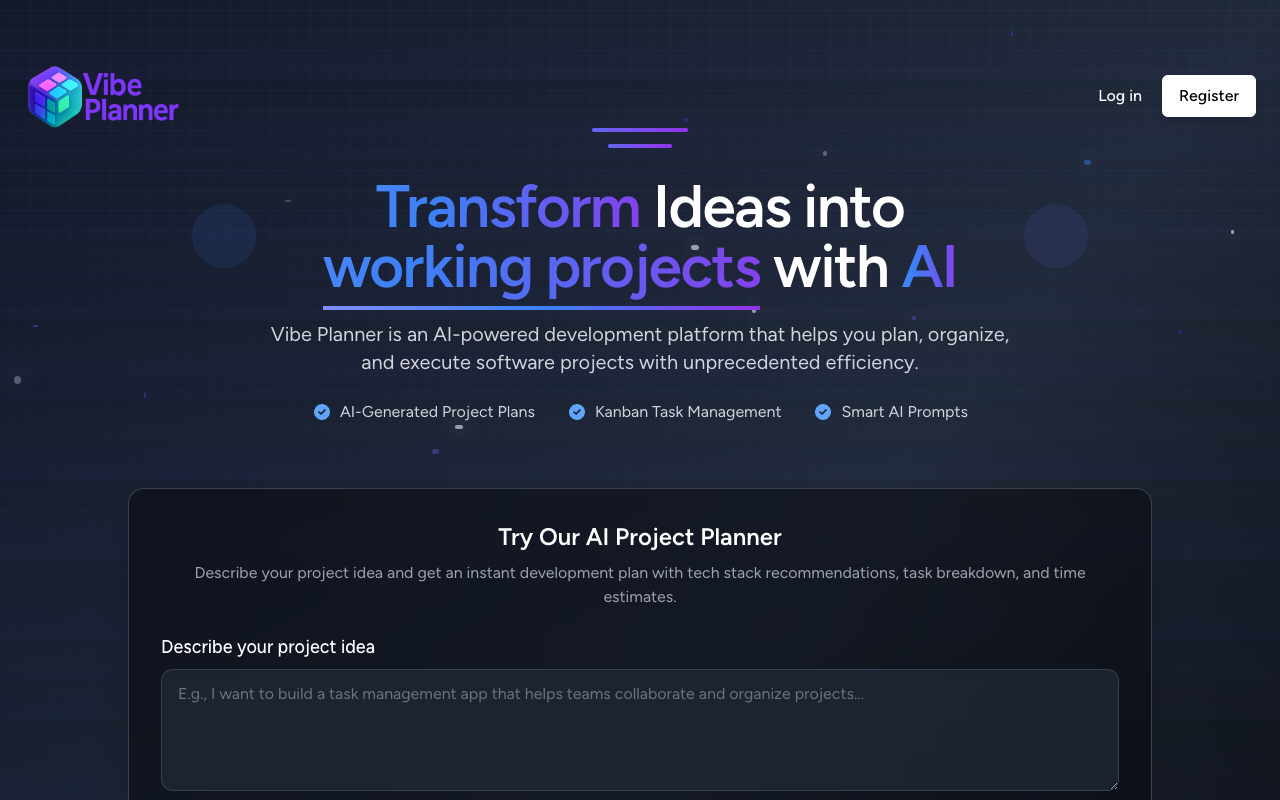 Vibe Planner - An AI-powered platform to transform ideas into successful software projects AI software-development project-management