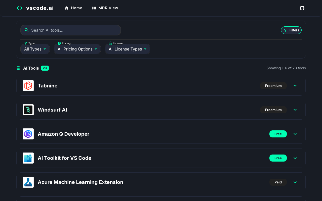 VSCode.ai - A community-curated database for discovering AI tools in Visual Studio Code VSCode AI developer-tools