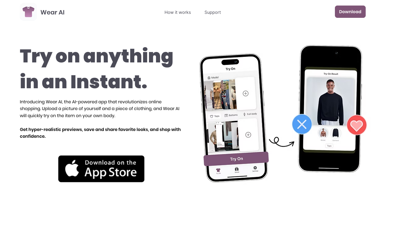 Wear AI - An AI-powered app to try on clothes instantly AI virtual-try-on online-shopping