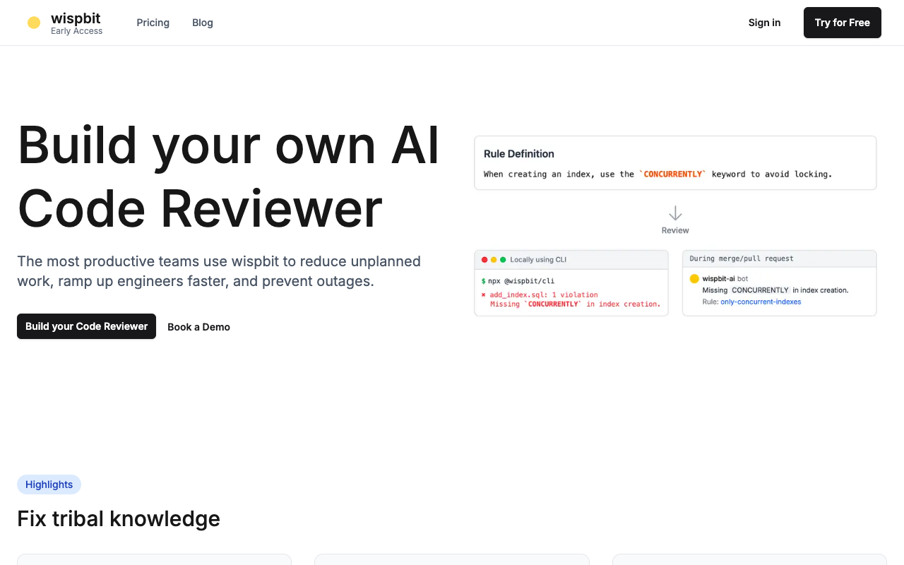 wispbit - Build your own AI Code Reviewer to enhance team productivity AI code-review productivity