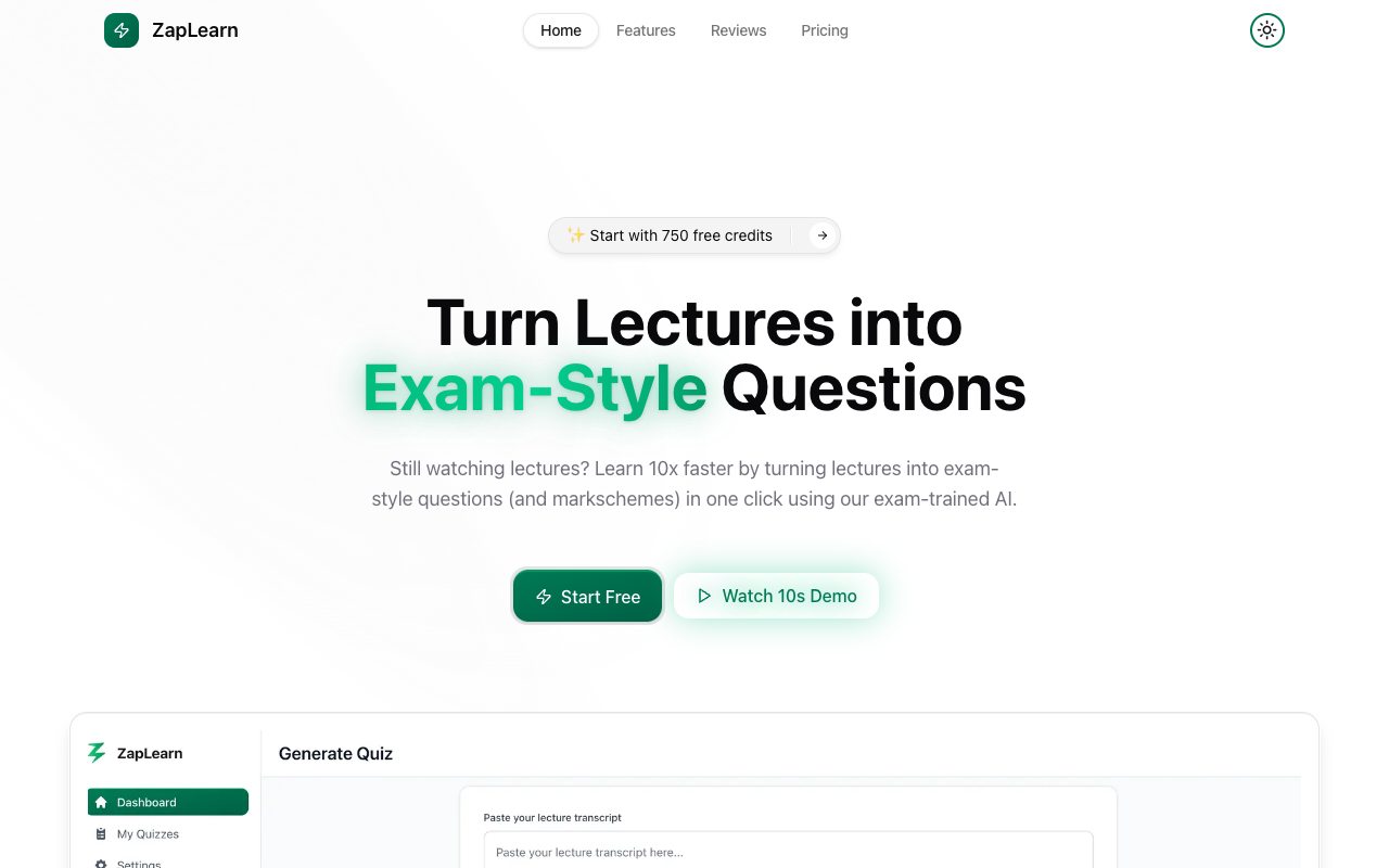 ZapLearn - An AI tool that turns your lectures into exam-style questions with ease AI education quiz-generator