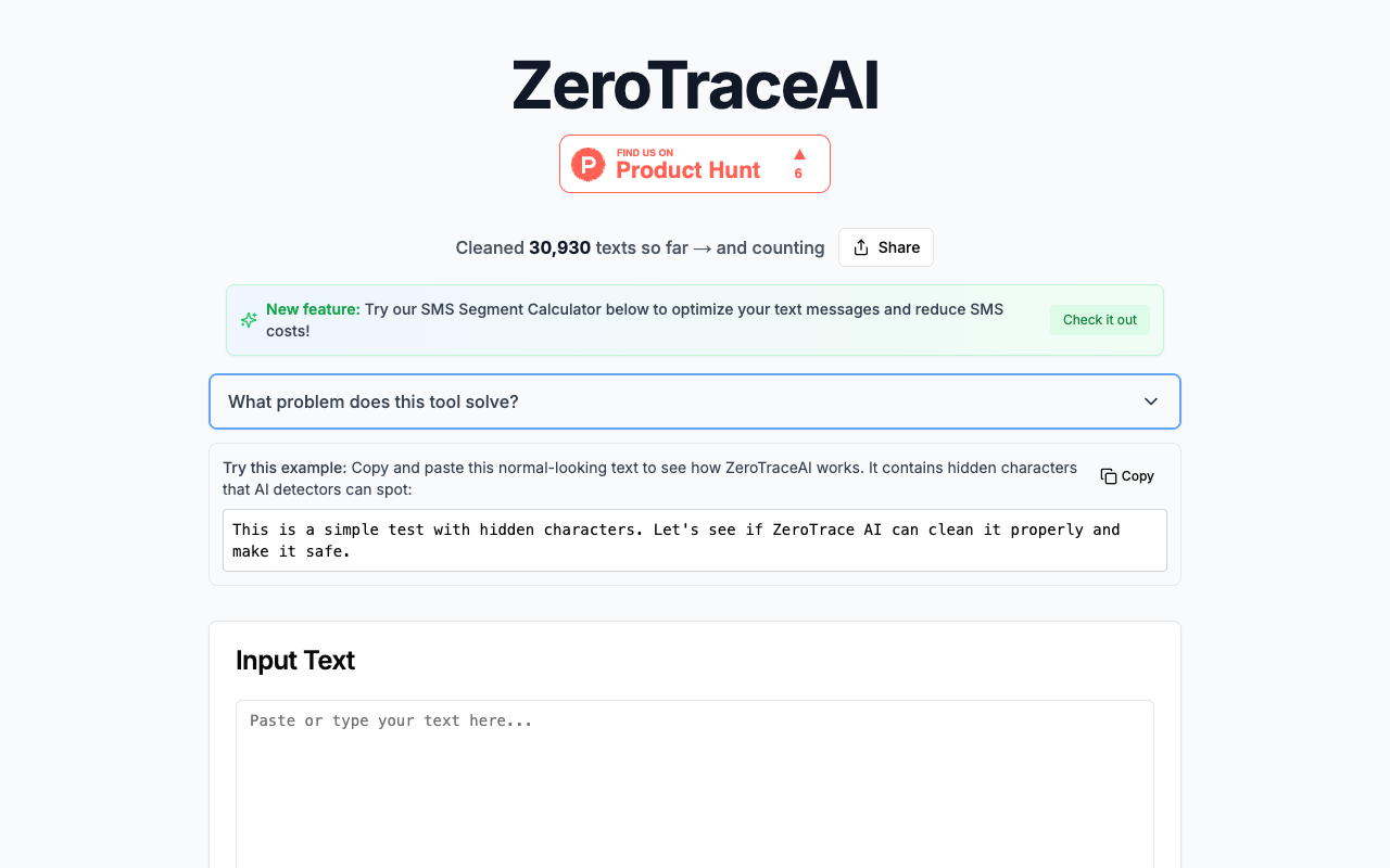 ZeroTraceAI - A tool to clean AI text and remove hidden markers AI text-cleaning SMS