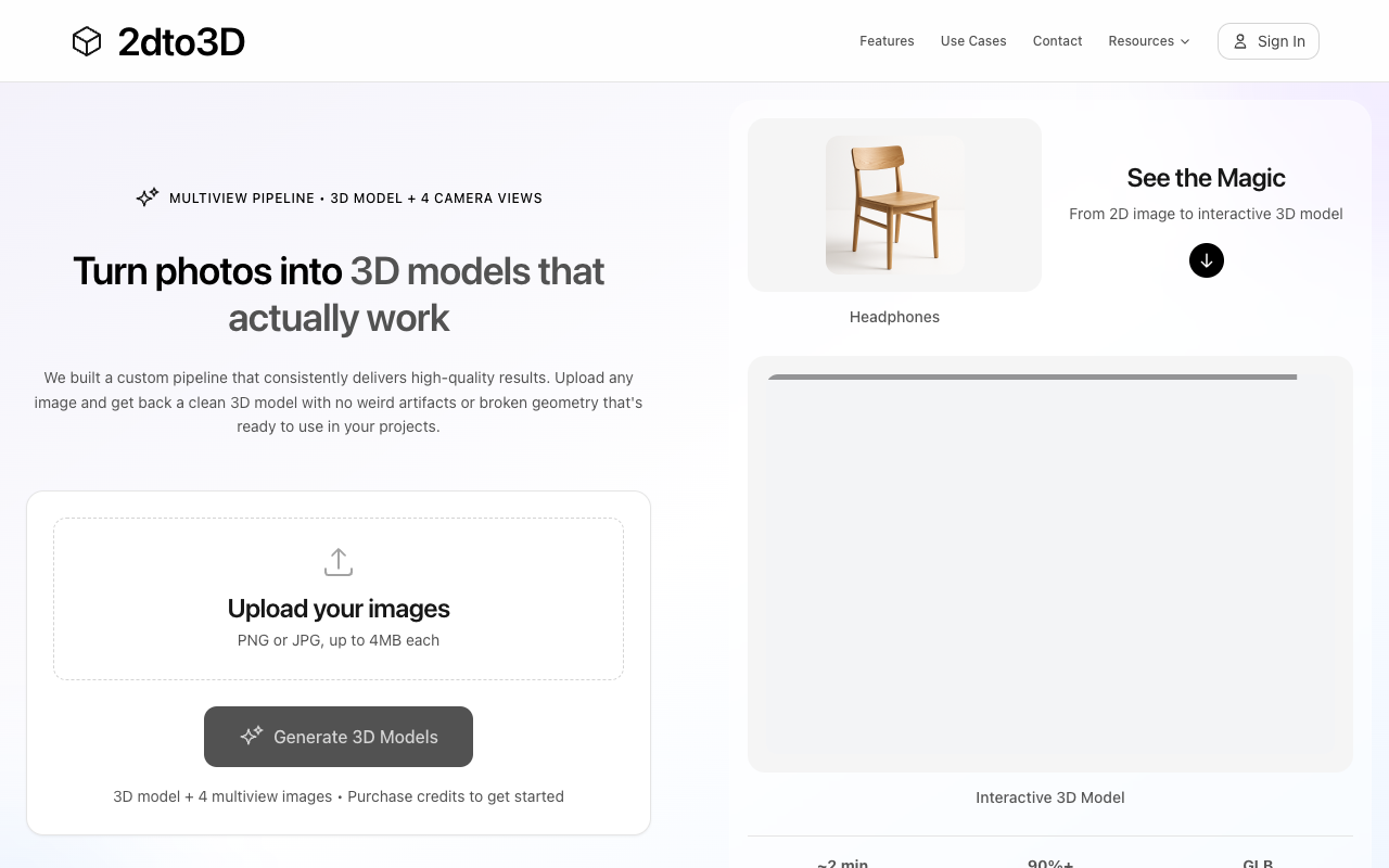 2dto3D - Transform your photos into usable 3D models effortlessly 3D-modeling AI image-processing