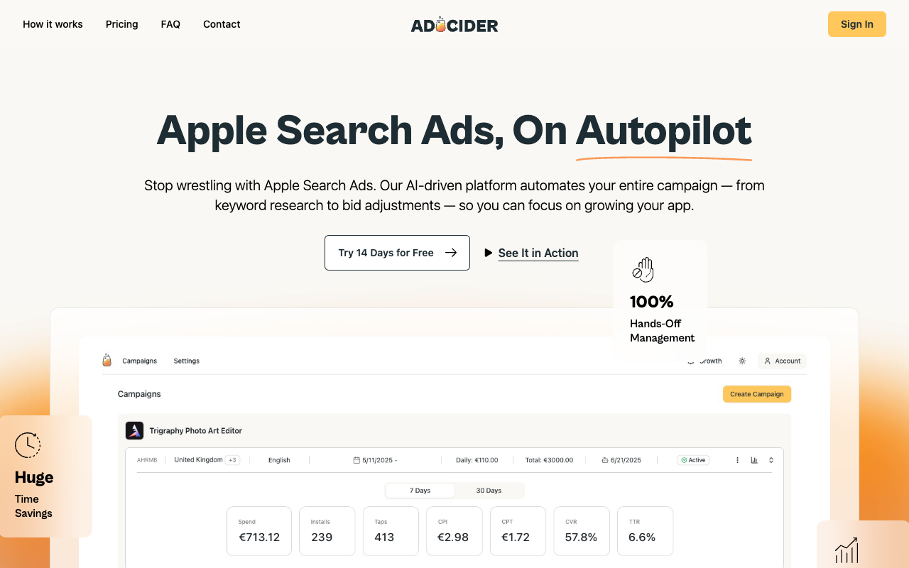 AdCider - An AI platform that automates your Apple Search Ads for better campaign management Apple Search Ads automation AI