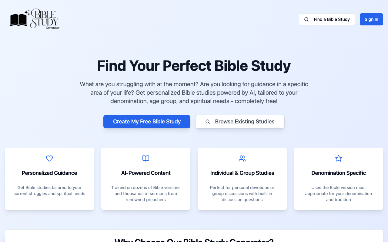 AI Bible Study Generator - Create personalized Bible studies using AI for any age group or denomination Bible AI study-generator
