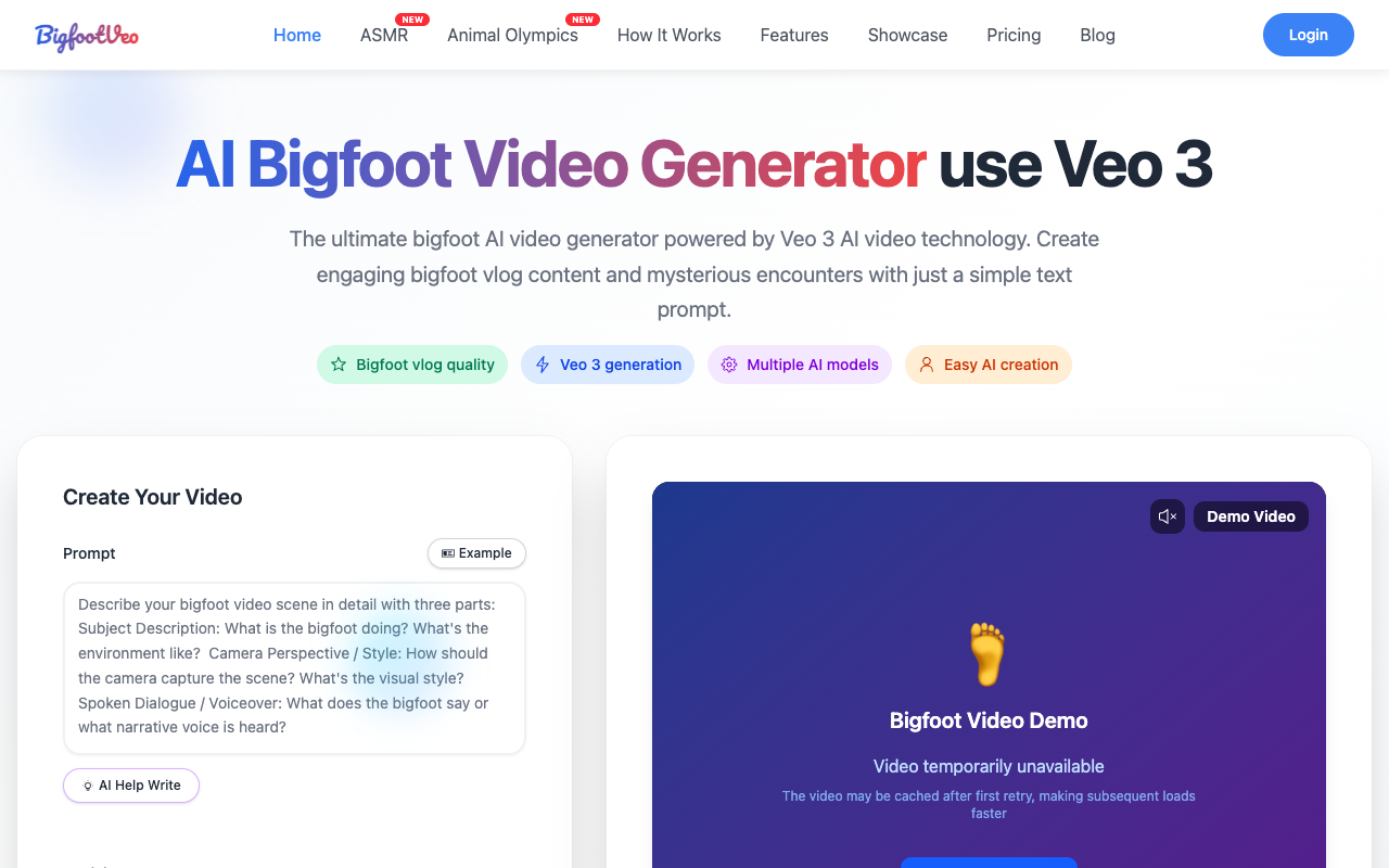 AI Bigfoot Video Generator - Create epic bigfoot videos with AI technology bigfoot AI video-generator