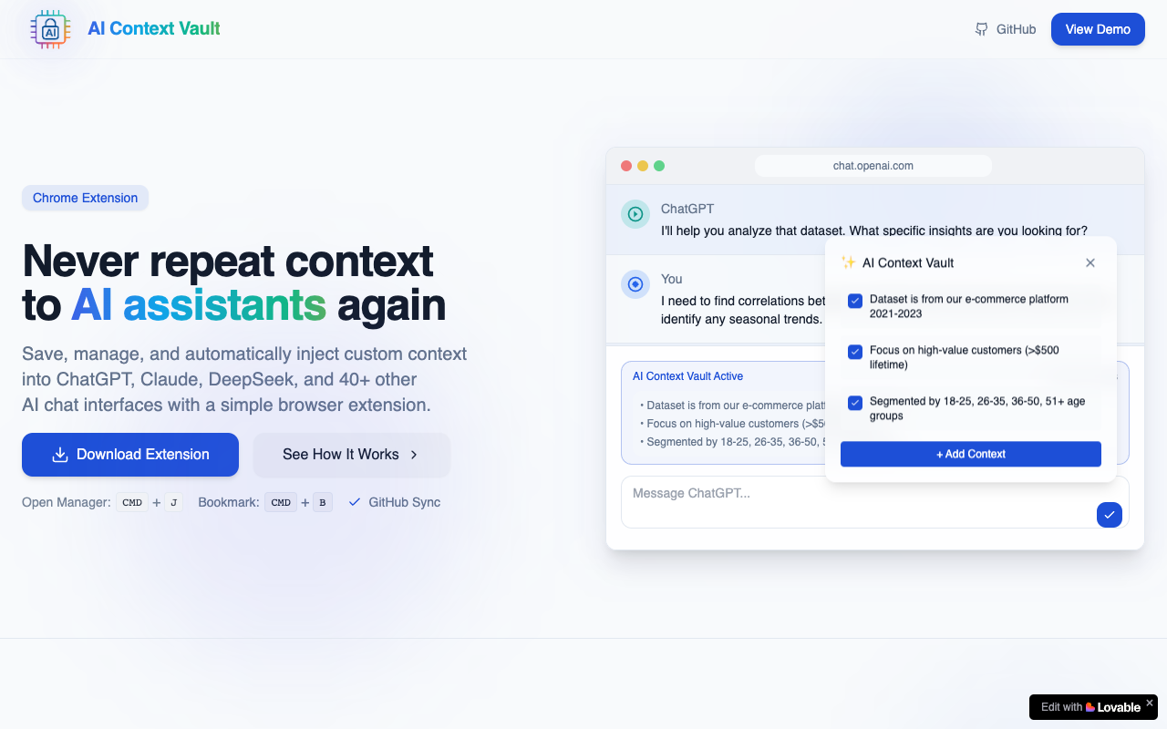 AI Context Vault - A context-aware AI tool that enhances your interactions with AI assistants AI context prompts