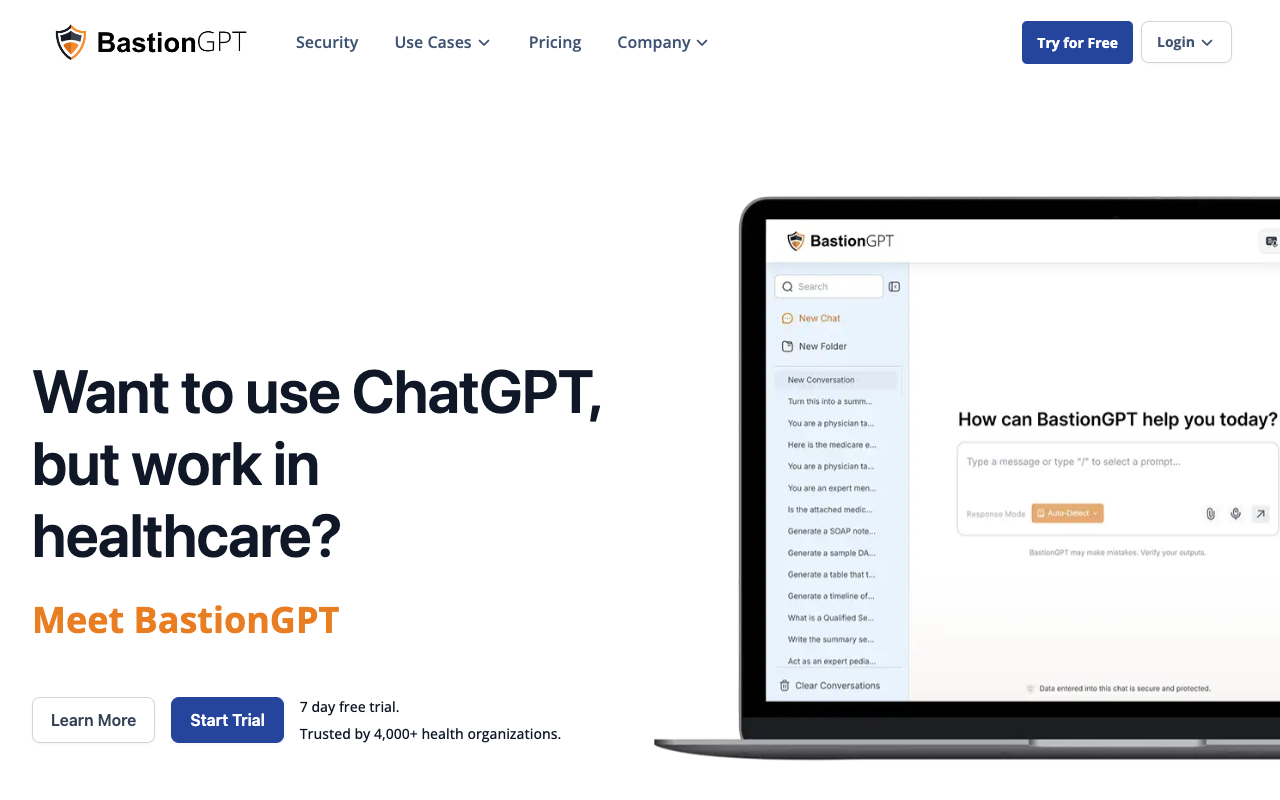 BastionGPT - Generative AI Solutions with HIPAA Compliance for Healthcare Professionals AI healthcare HIPAA