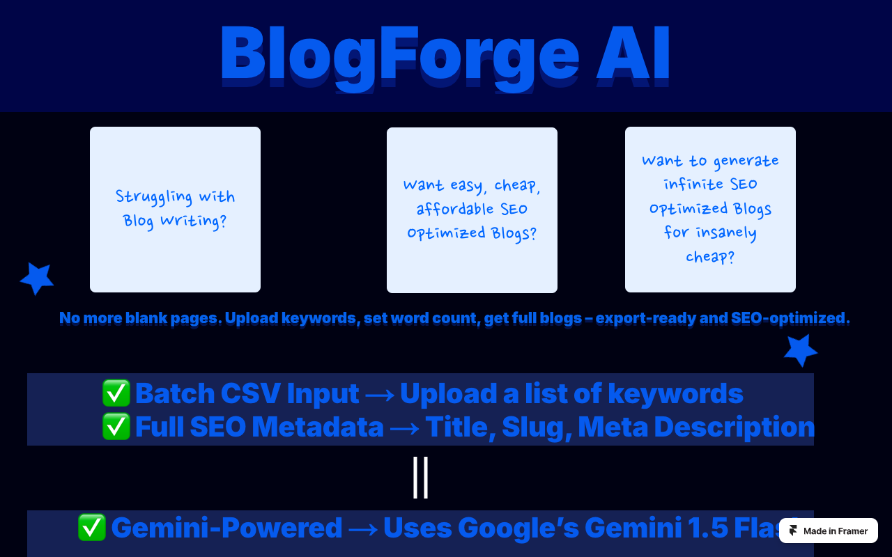 BlogForge AI - A powerful tool for generating unlimited SEO-optimized blogs quickly SEO blog-writing AI