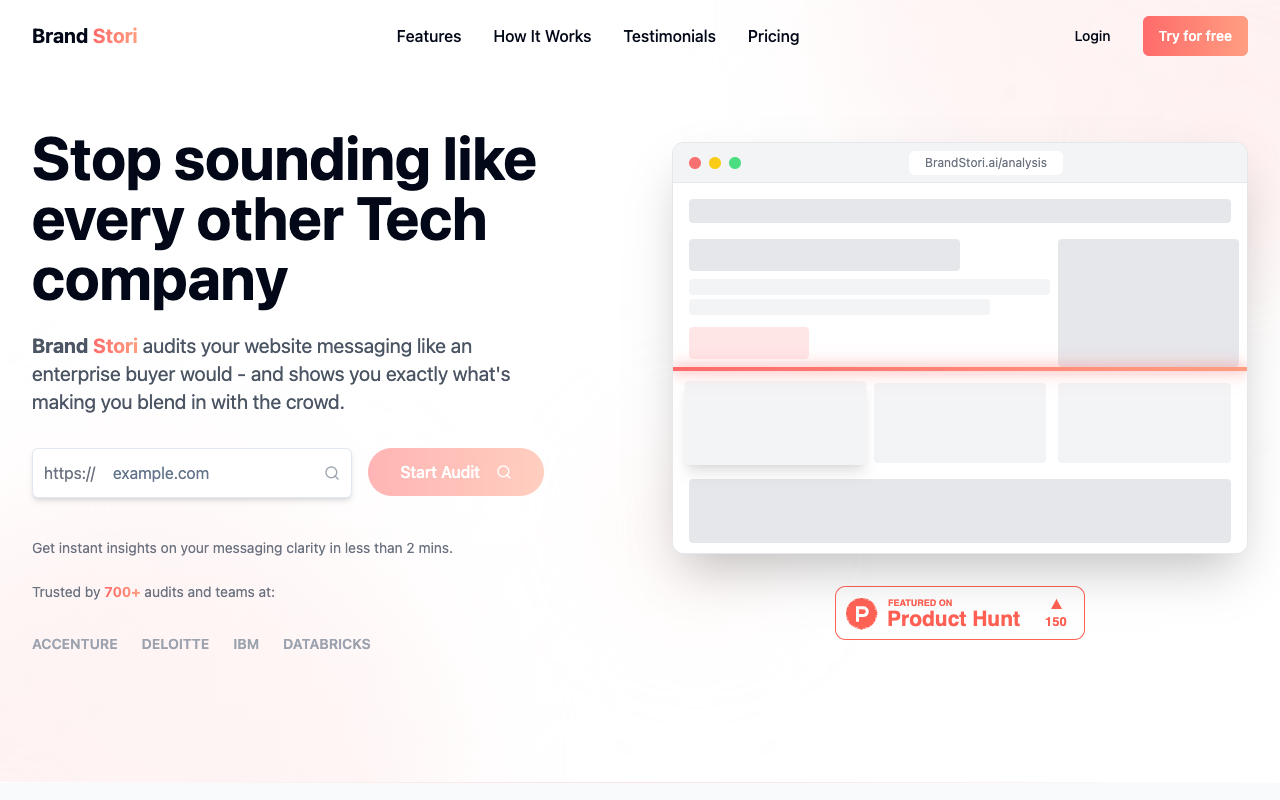 Brand Stori - An AI platform that audits your website for messaging clarity and buyer alignment AI website-audit tech-industry