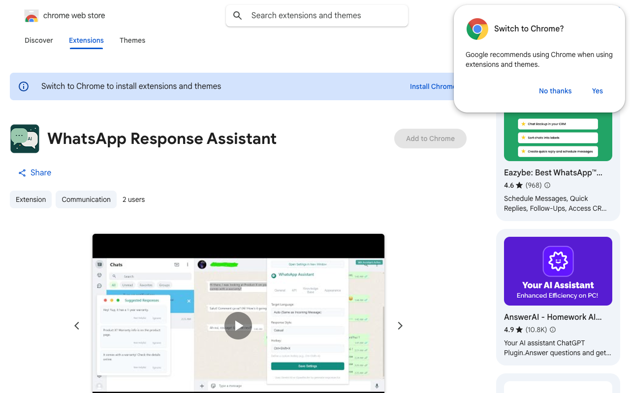 Chrome WhatsApp Response Assistant - An AI tool for smarter WhatsApp replies WhatsApp AI communication