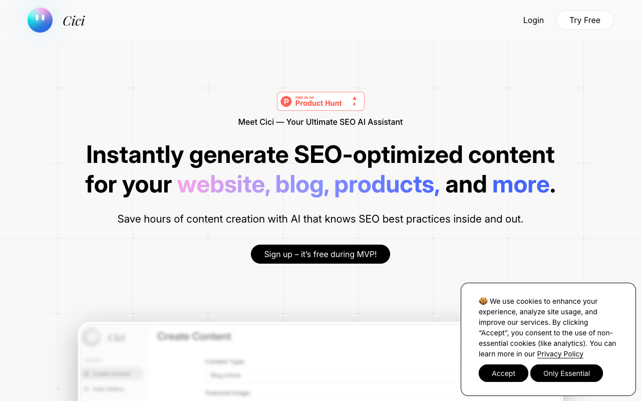 Cici - Your Ultimate SEO AI Assistant for Generating Free SEO-Optimized Content SEO AI content-generation