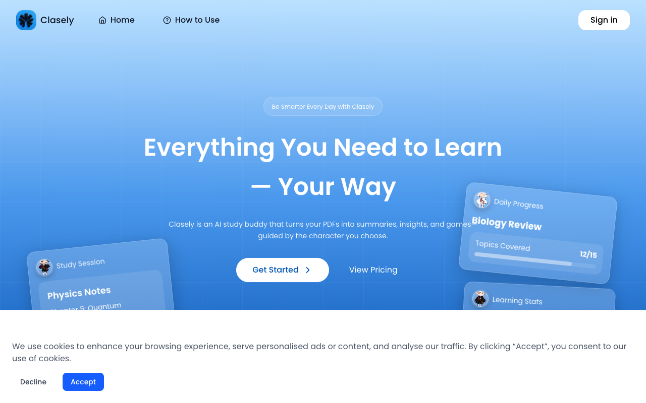 Clasely - An interactive tool to chat, quiz, and summarize your PDFs in an anime style interactive-learning PDFs anime