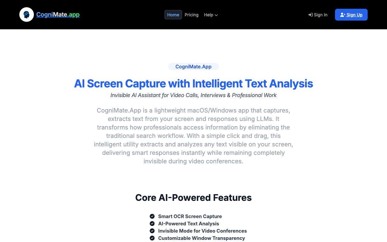 CogniMate.app - An AI screen capture tool for instant answers during interviews and presentations AI screen-capture productivity