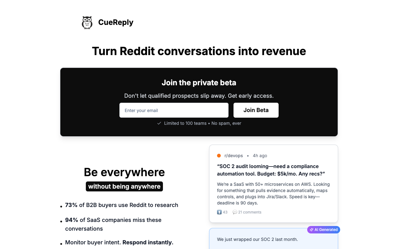 CueReply - Automatically turn Reddit conversations into qualified leads Reddit AI SaaS