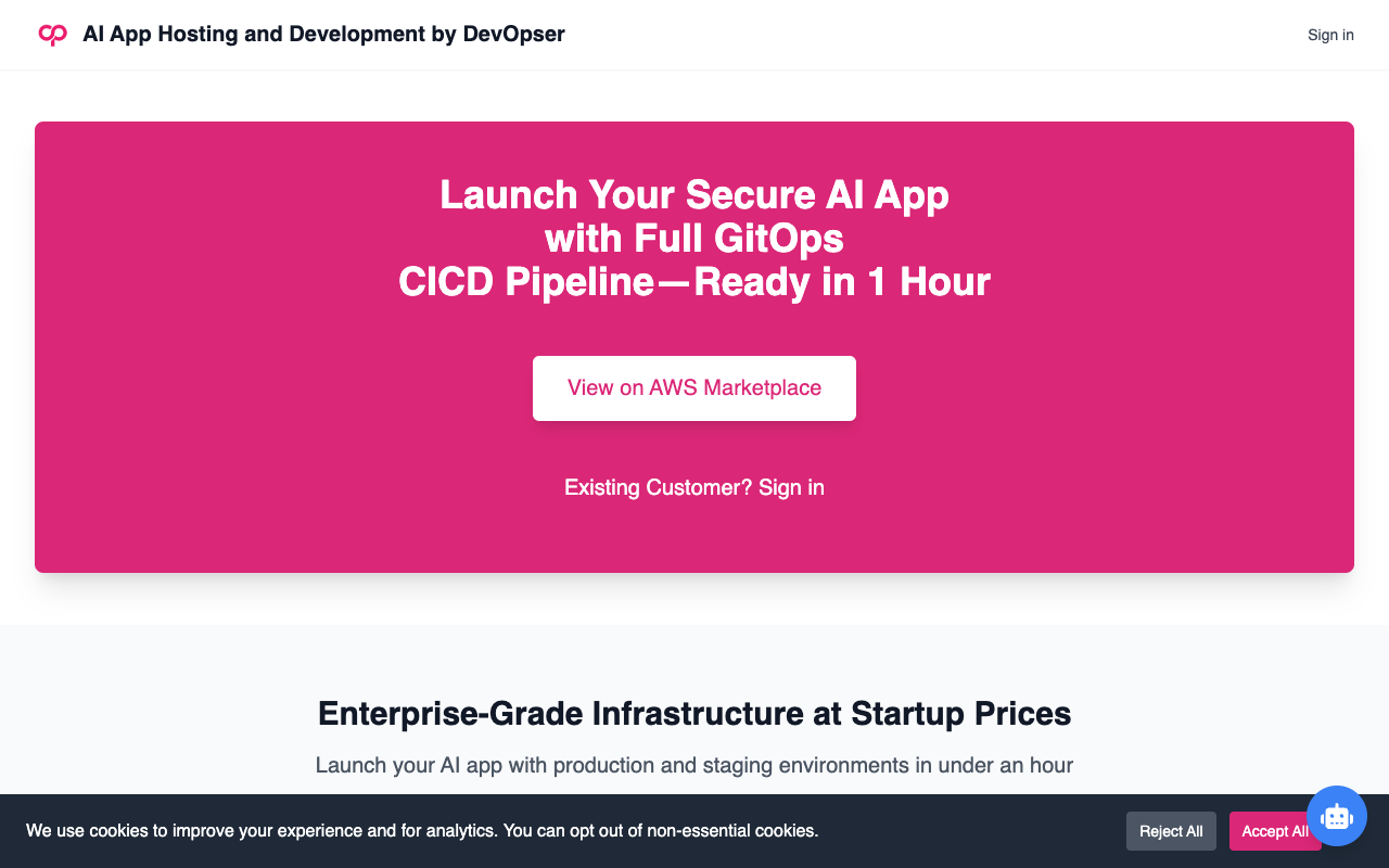 DevOpser App Factory - Quickly launch AI B2C applications using pre-built templates AI B2C web-hosting