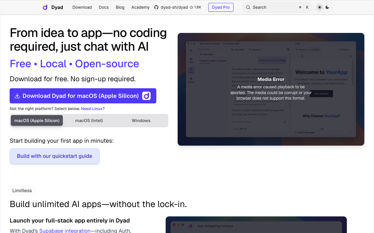 Dyad - A Free, Local, Open-Source AI App Builder Without Lock-in open-source AI app-builder