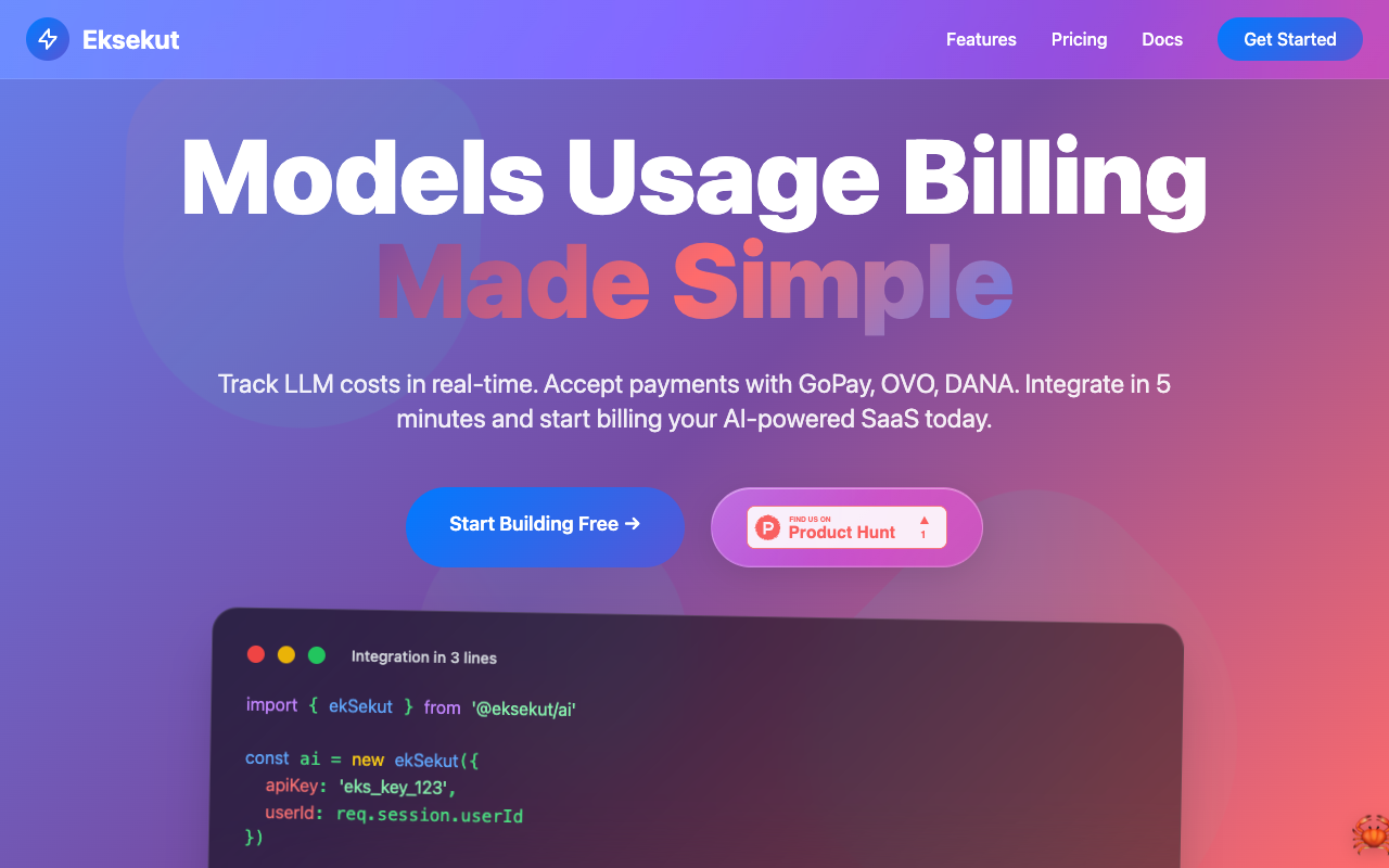 Eksekut - A Simple SDK to Start Billing Your AI-Powered SaaS AI billing Indonesian-developers