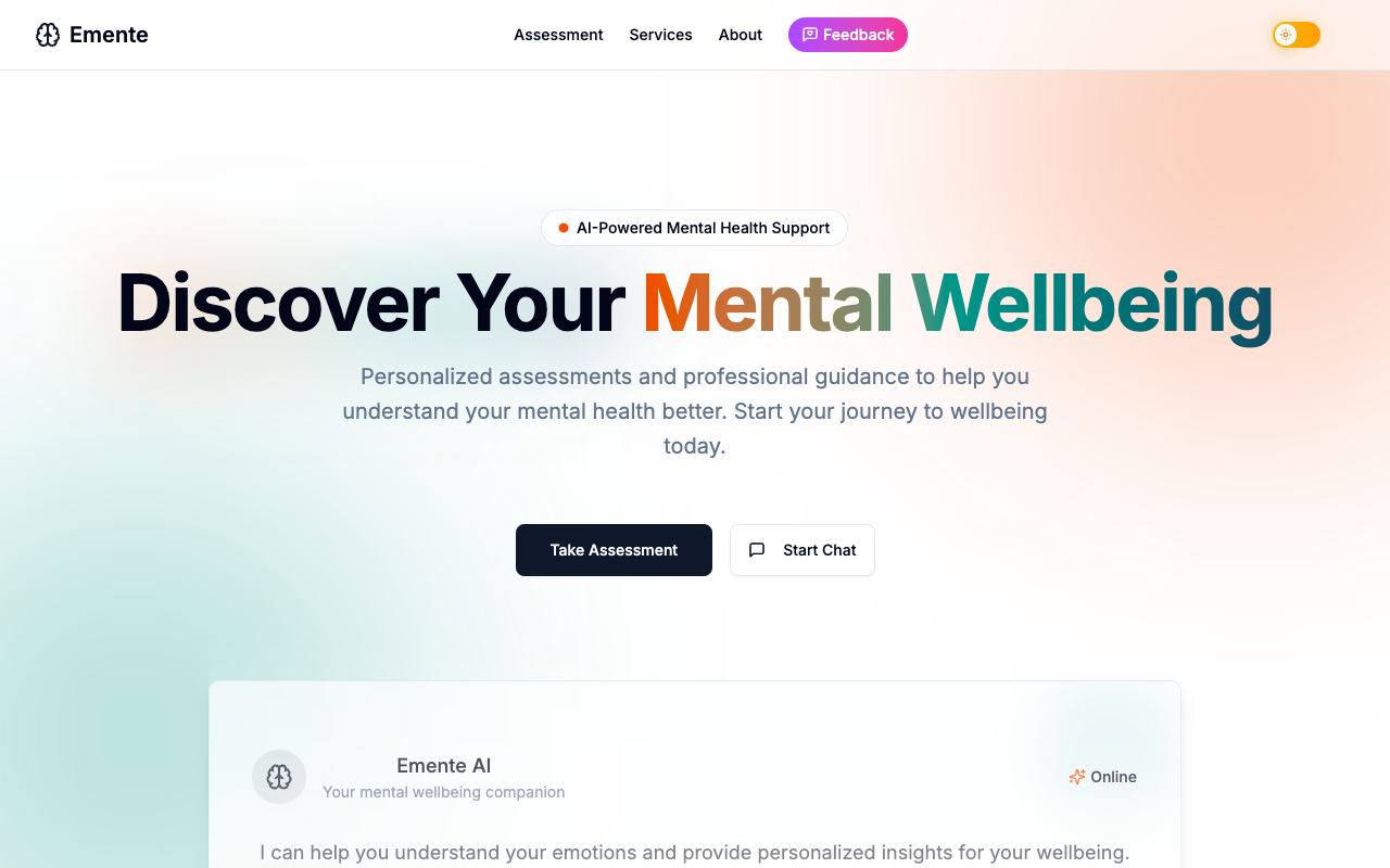 Emente - An AI-powered mental health support platform providing 24/7 accessible care mental-health AI support