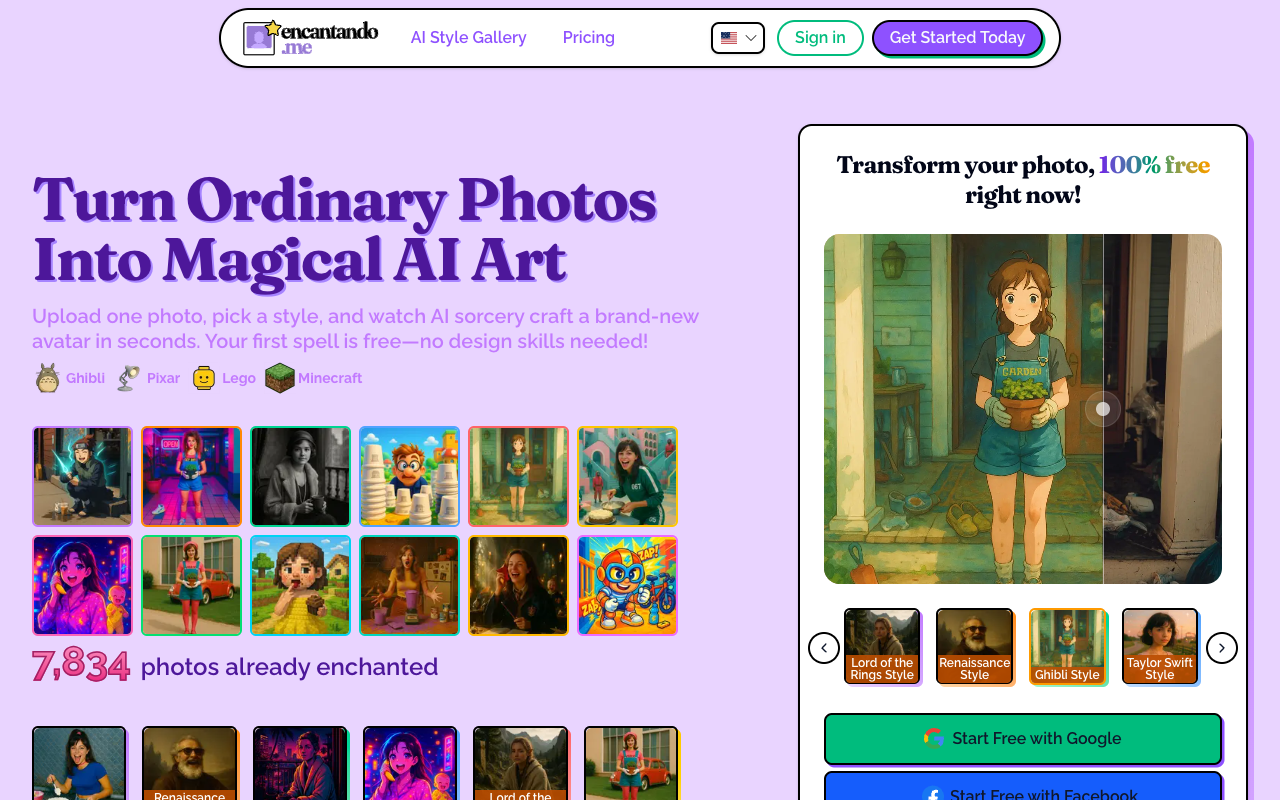 Encantando - Transform Your Photos into Ghibli, Pixar, Anime, and Lego Art with AI AI photo-editing art