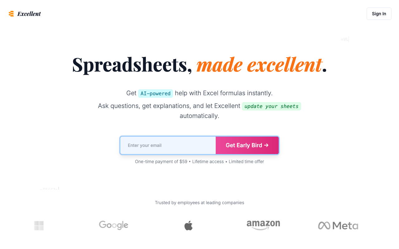 Excellent - Your AI-powered assistant for Excel that simplifies formulas and updates Excel AI productivity