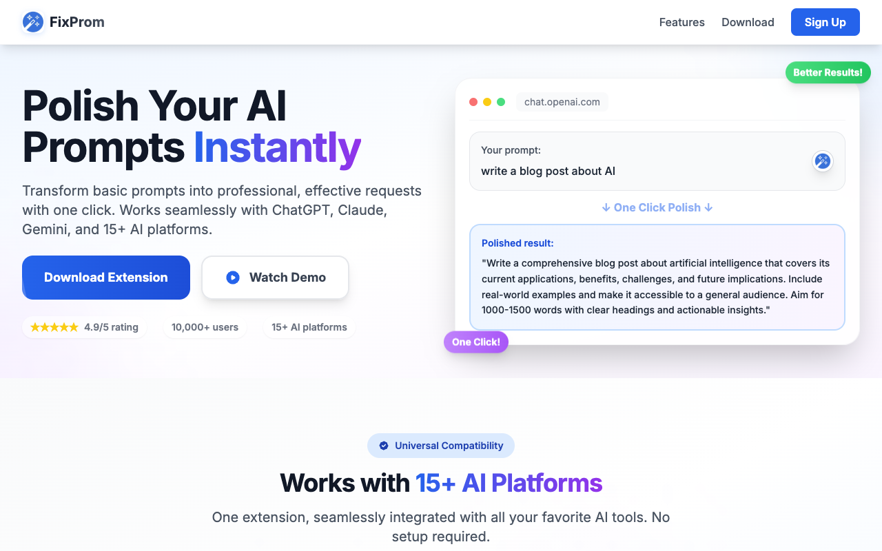 FixProm - A Chrome extension that polishes your AI prompts with one click AI Chrome Extension productivity