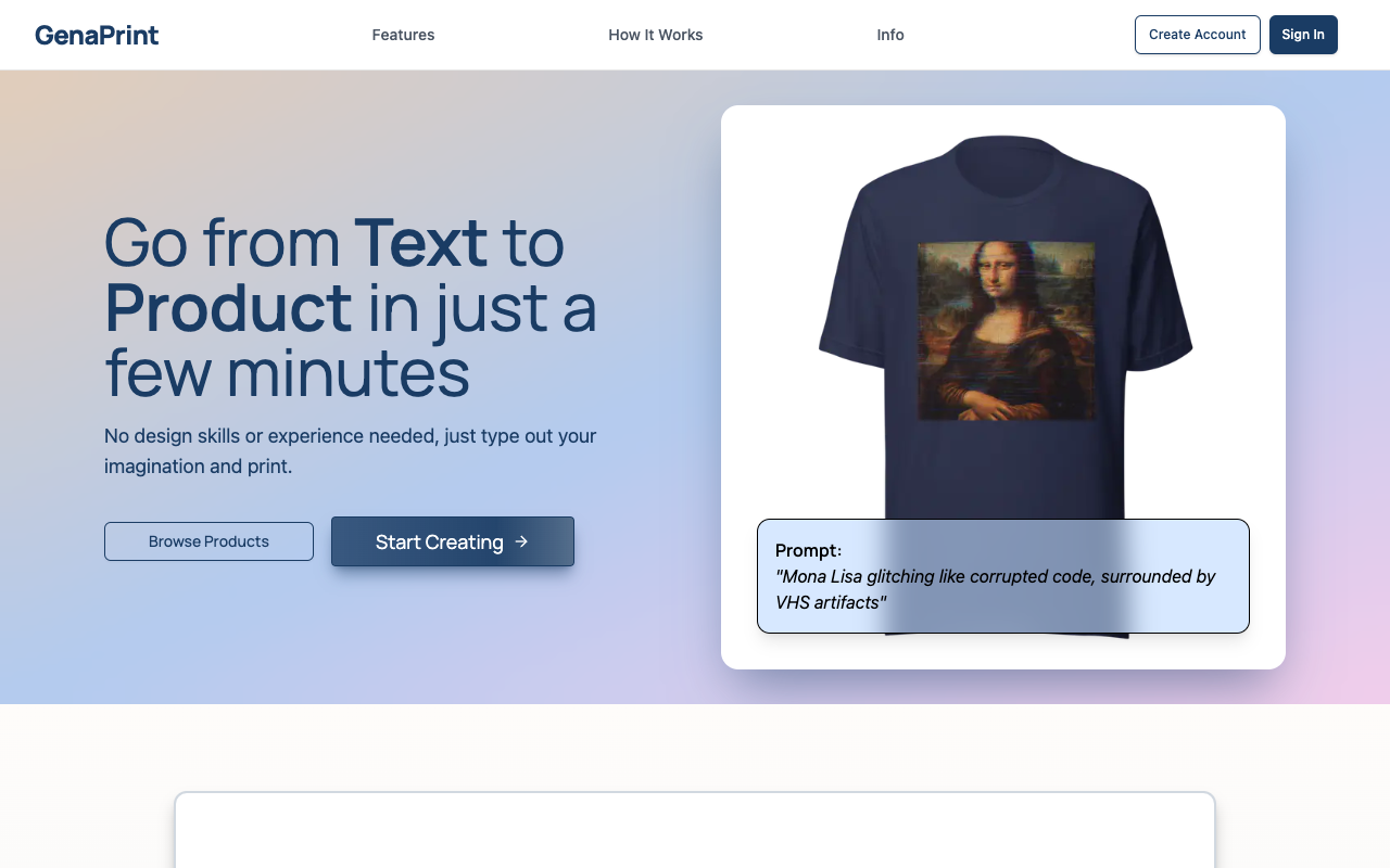 GenaPrint - An AI-powered Print-on-Demand store that turns your ideas into wearables in minutes AI print-on-demand design