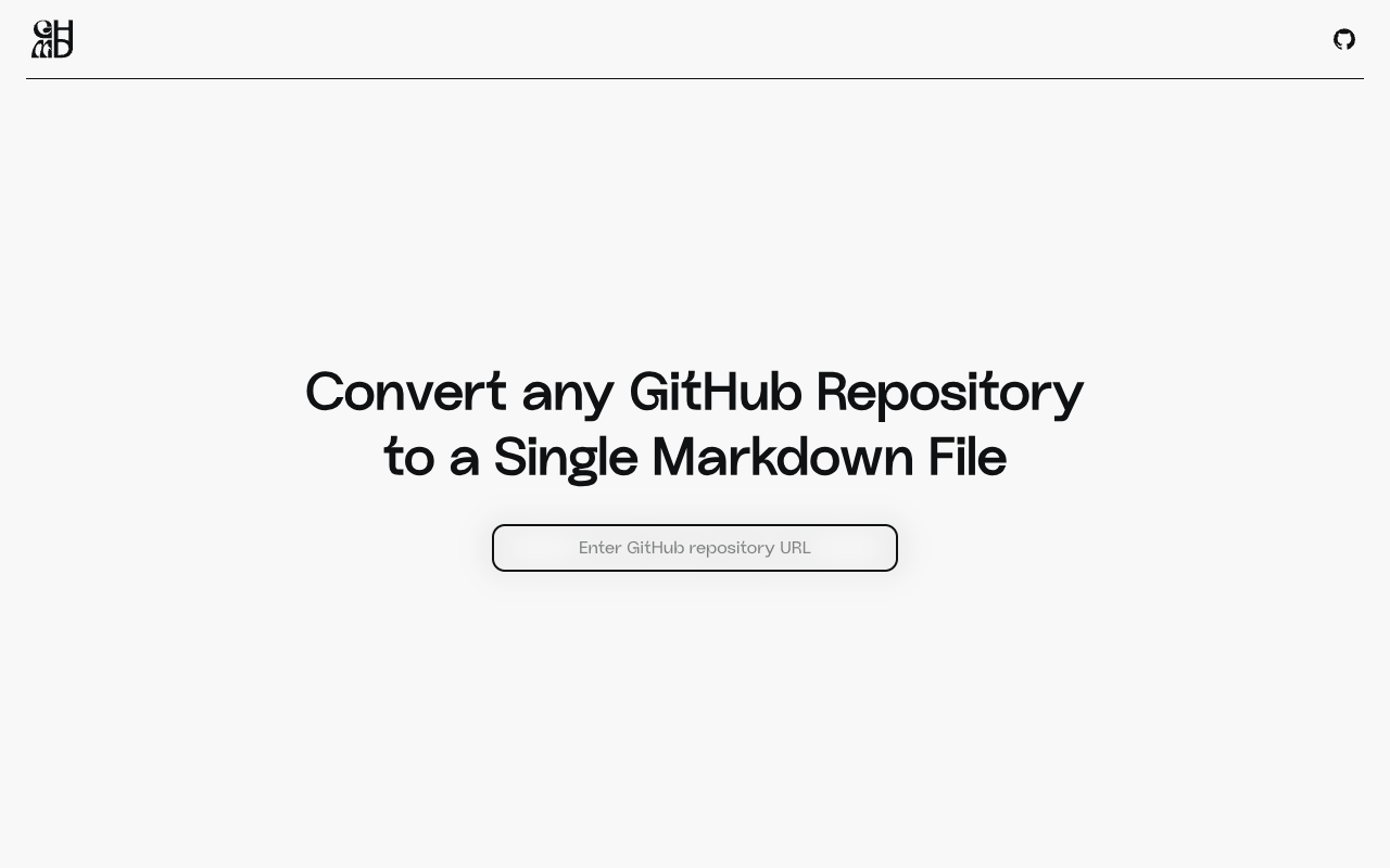 gittomd - Convert your GitHub repository into a single Markdown file effortlessly GitHub Markdown LLM